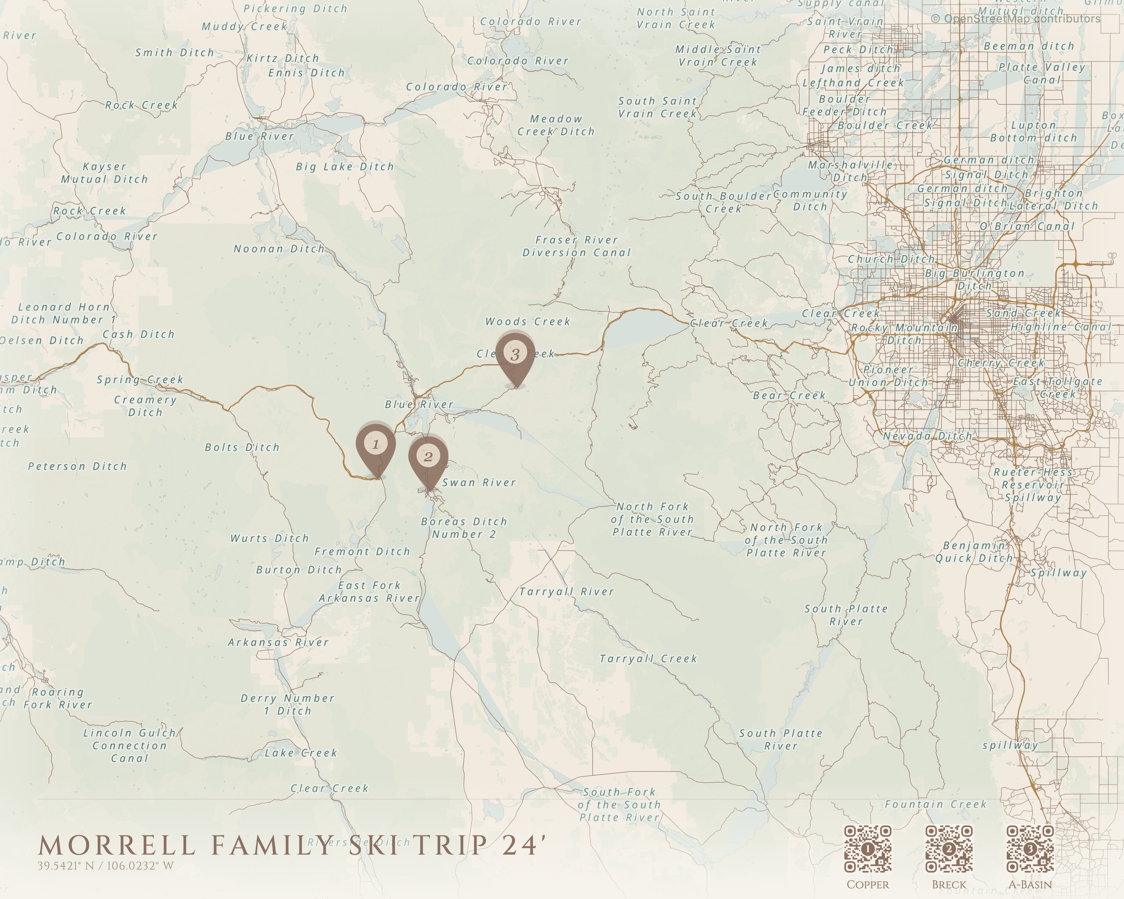 Detailed view of a finished Waymarked travel map showing location markers, custom names, and QR codes